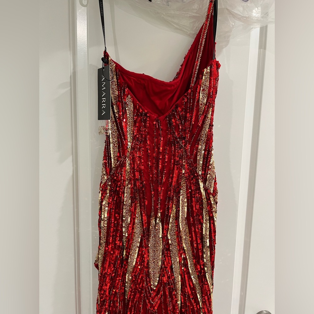 Red One-Shoulder Sequin Prom Dress - Picture 3 of 8
